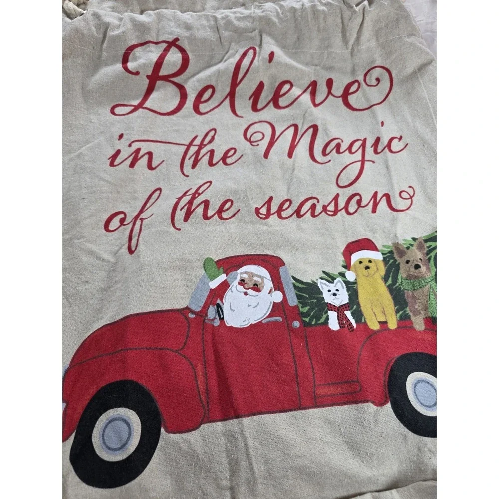 Christmas Santa Sack Red Truck Dogs Believe Magic Season Burlap Drawstring Bag